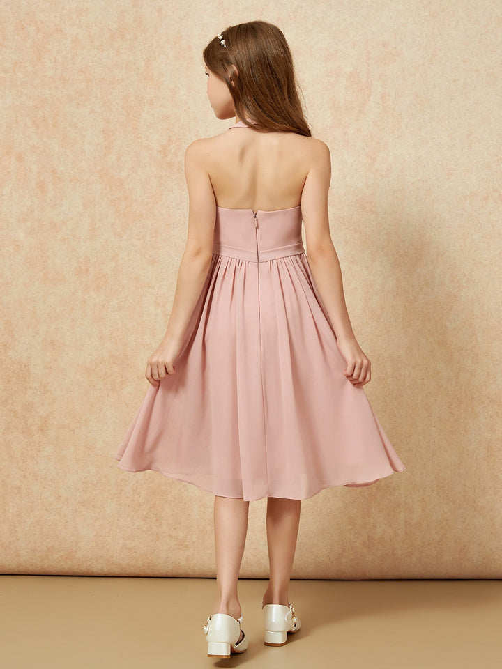 Grecian Neck Knee-length Chiffon Junior Bridesmaid Dress Dusty Rose