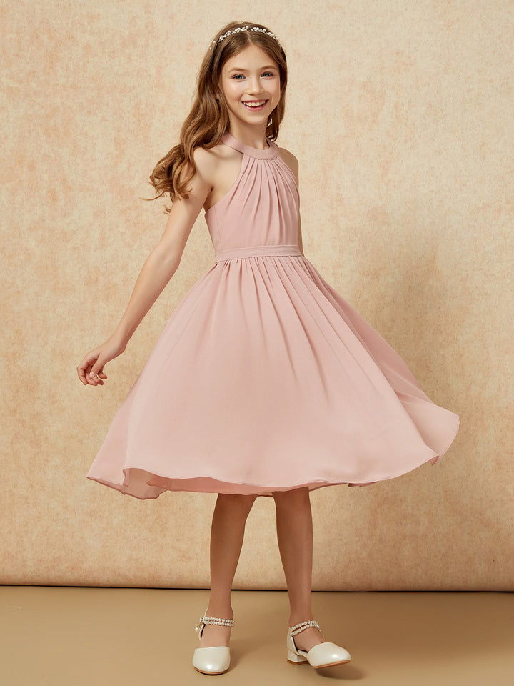 Grecian Neck Knee-length Chiffon Junior Bridesmaid Dress Dusty Rose