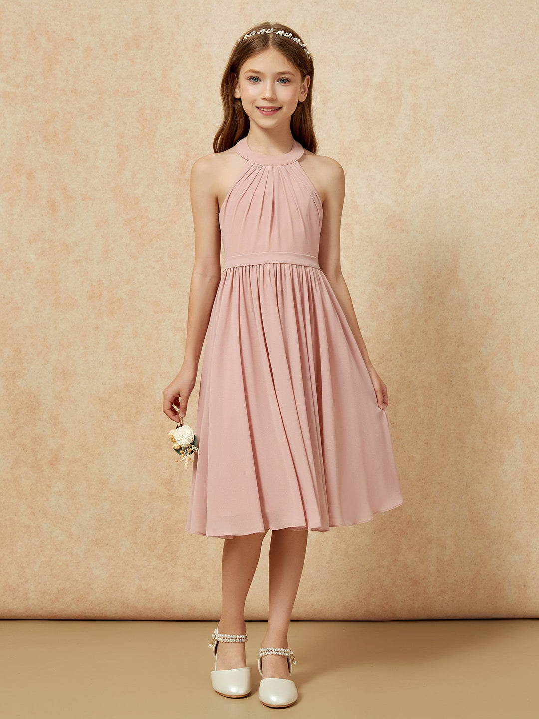 Grecian Neck Knee-length Chiffon Junior Bridesmaid Dress Dusty Rose