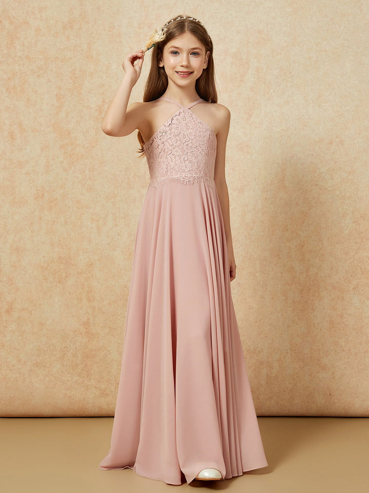 Halter Lace Top Long Chiffon Junior Bridesmaid Dress Dusty Rose