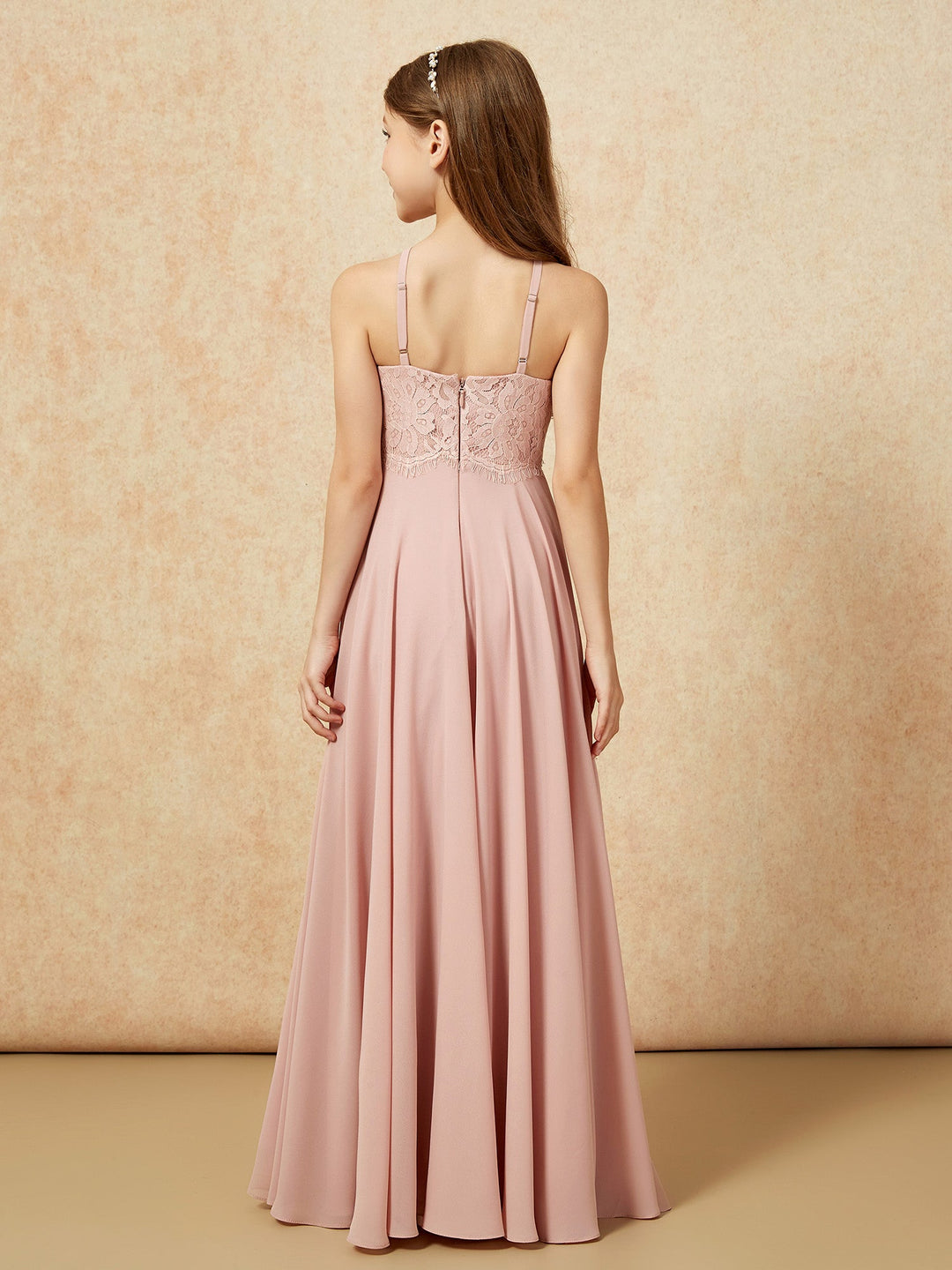 Halter Lace Top Long Chiffon Junior Bridesmaid Dress Dusty Rose