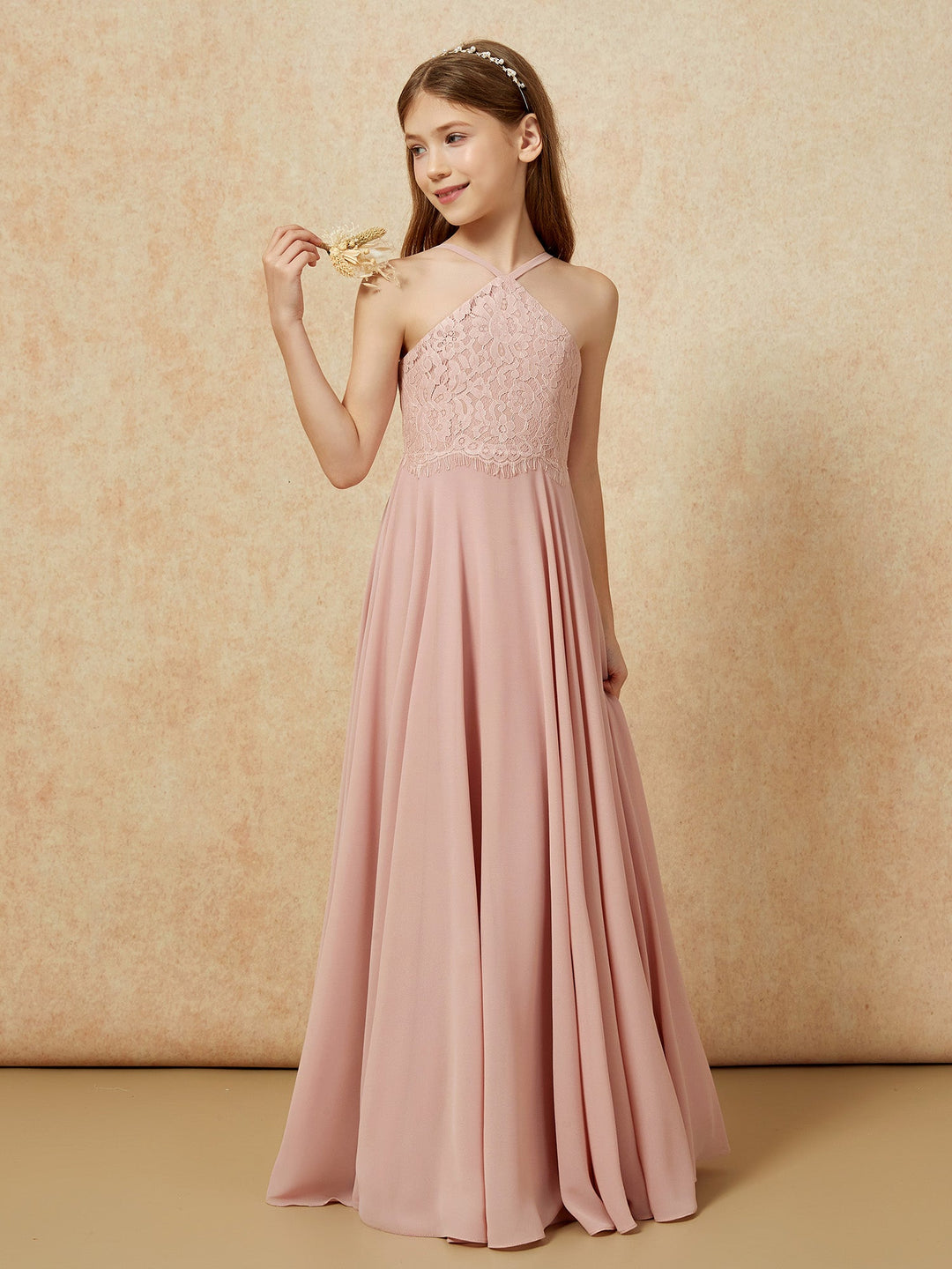 Halter Lace Top Long Chiffon Junior Bridesmaid Dress Dusty Rose