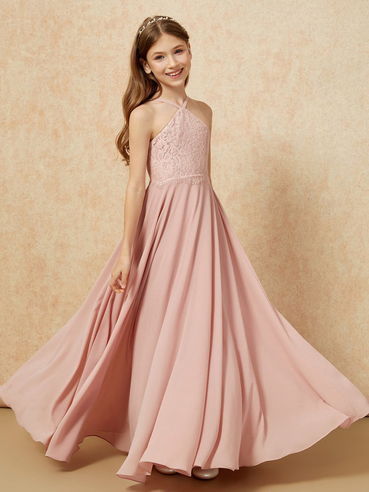 Halter Lace Top Long Chiffon Junior Bridesmaid Dress Dusty Rose