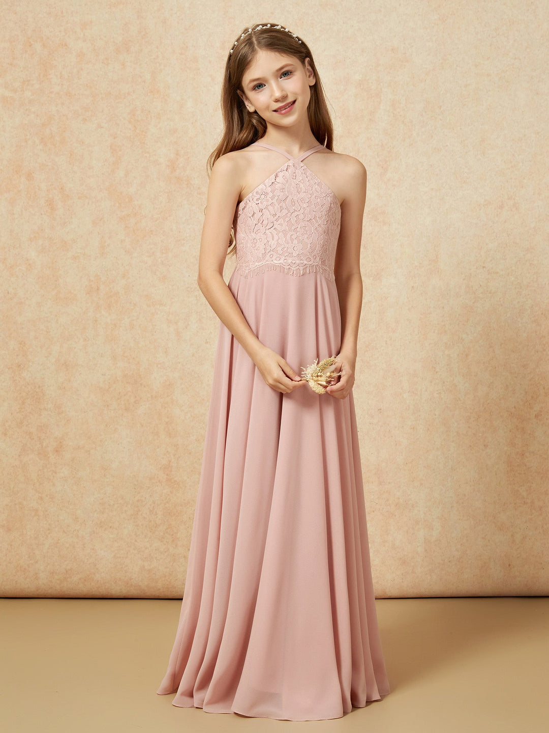 Halter Lace Top Long Chiffon Junior Bridesmaid Dress Dusty Rose