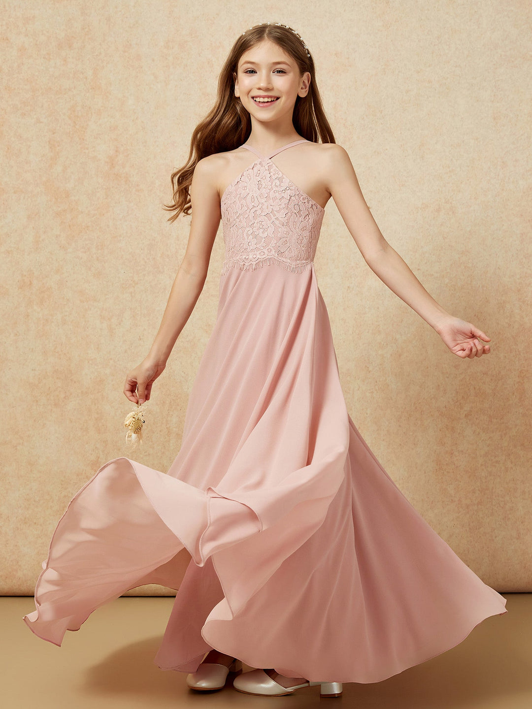 Halter Lace Top Long Chiffon Junior Bridesmaid Dress Dusty Rose