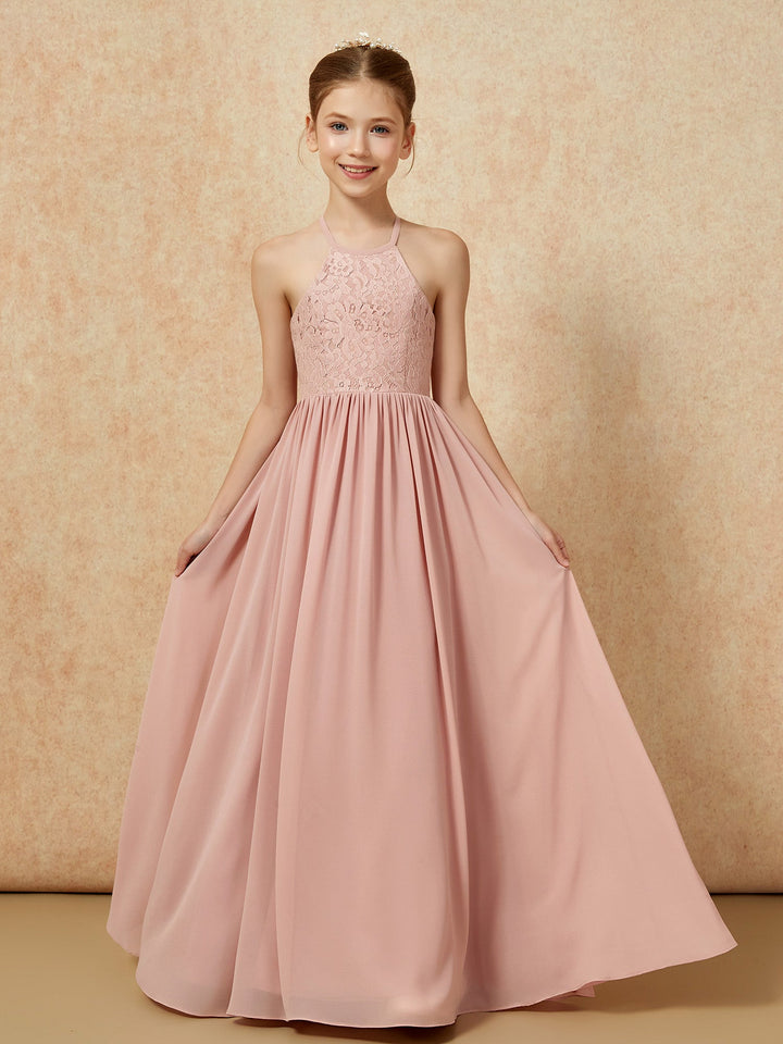 Pleated Lace Chiffion Long Junior Bridesmaid Dress Dusty Rose