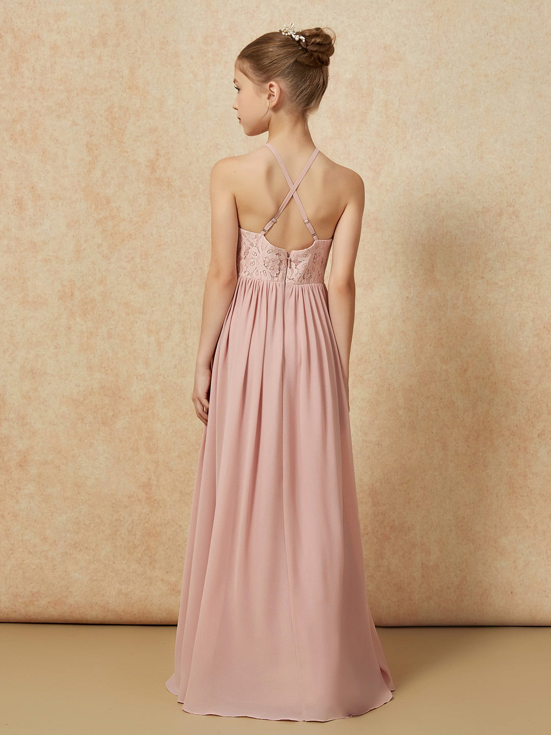 Pleated Lace Chiffion Long Junior Bridesmaid Dress Dusty Rose
