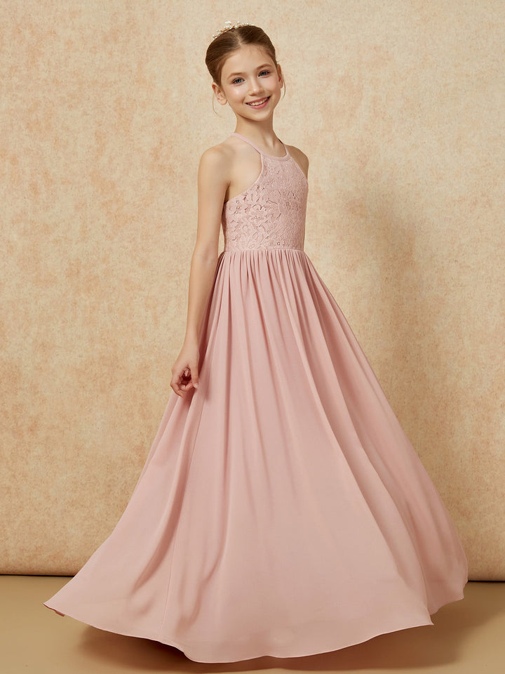 Pleated Lace Chiffion Long Junior Bridesmaid Dress Dusty Rose