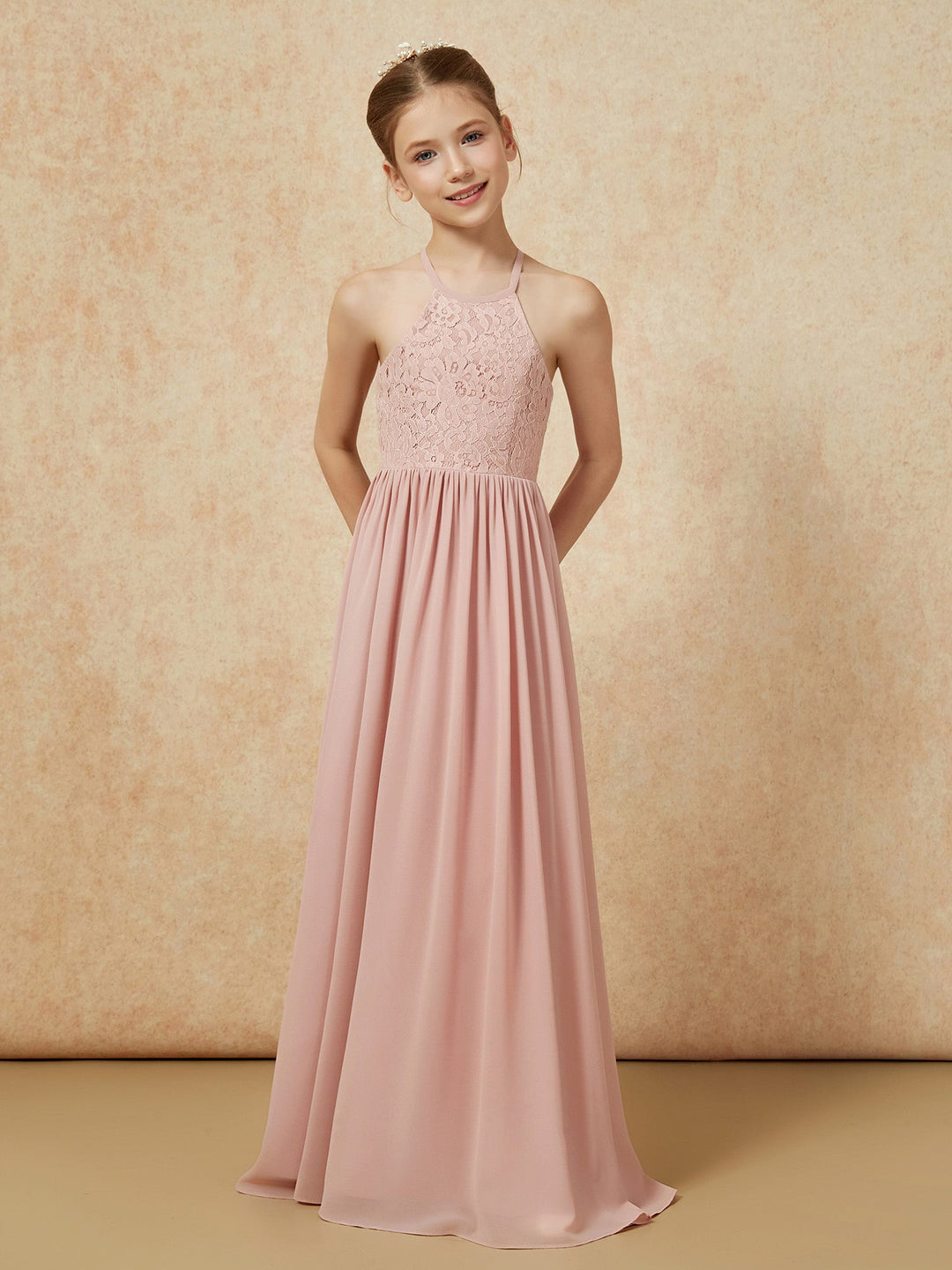 Pleated Lace Chiffion Long Junior Bridesmaid Dress Dusty Rose