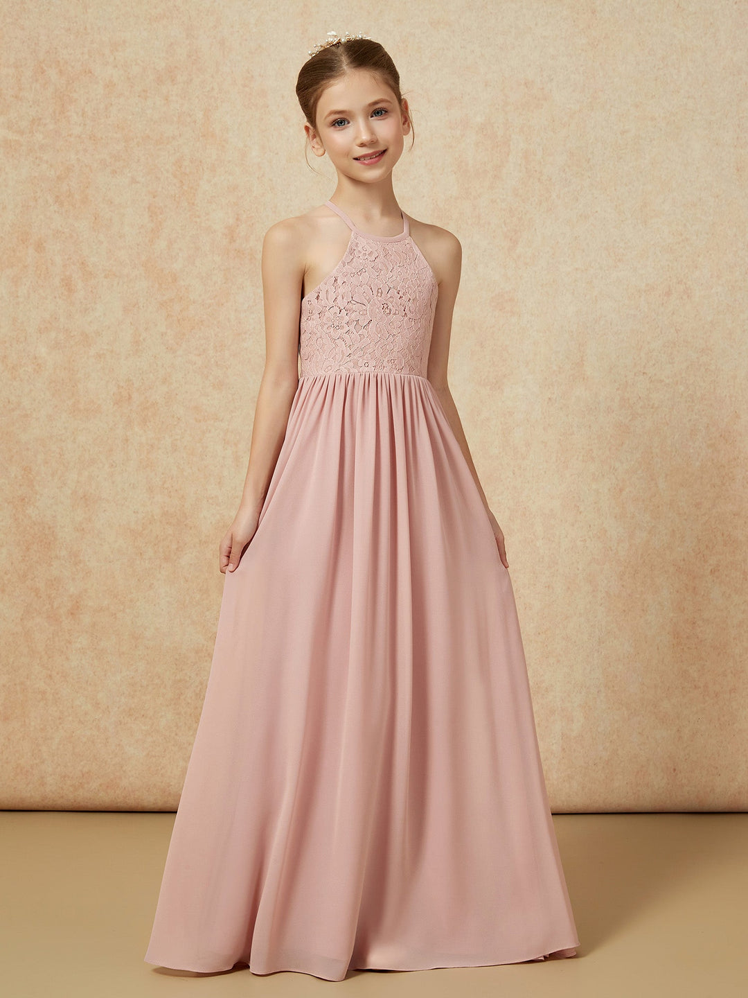 Pleated Lace Chiffion Long Junior Bridesmaid Dress Dusty Rose