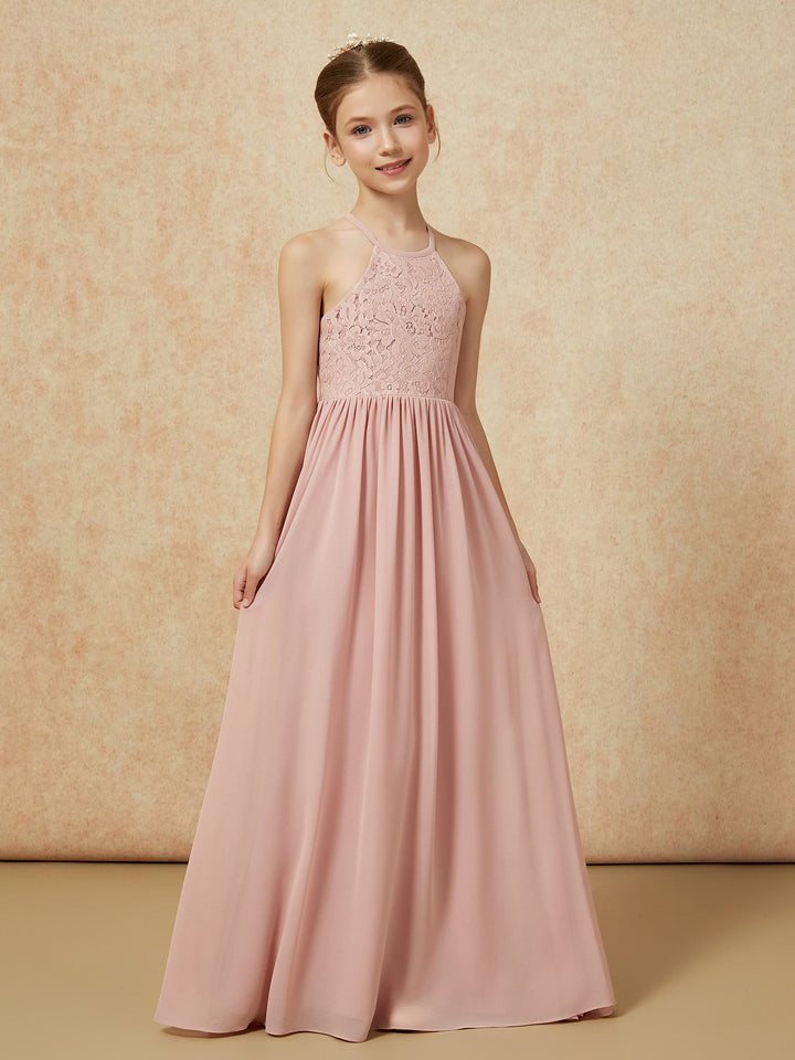 Pleated Lace Chiffion Long Junior Bridesmaid Dress Dusty Rose