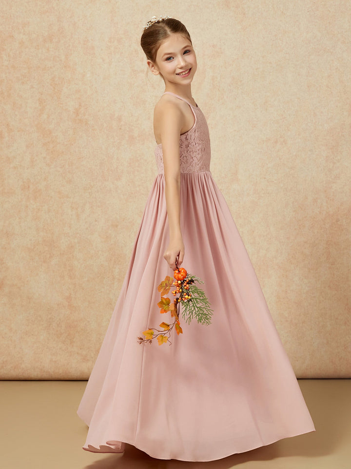 Pleated Lace Chiffion Long Junior Bridesmaid Dress Dusty Rose