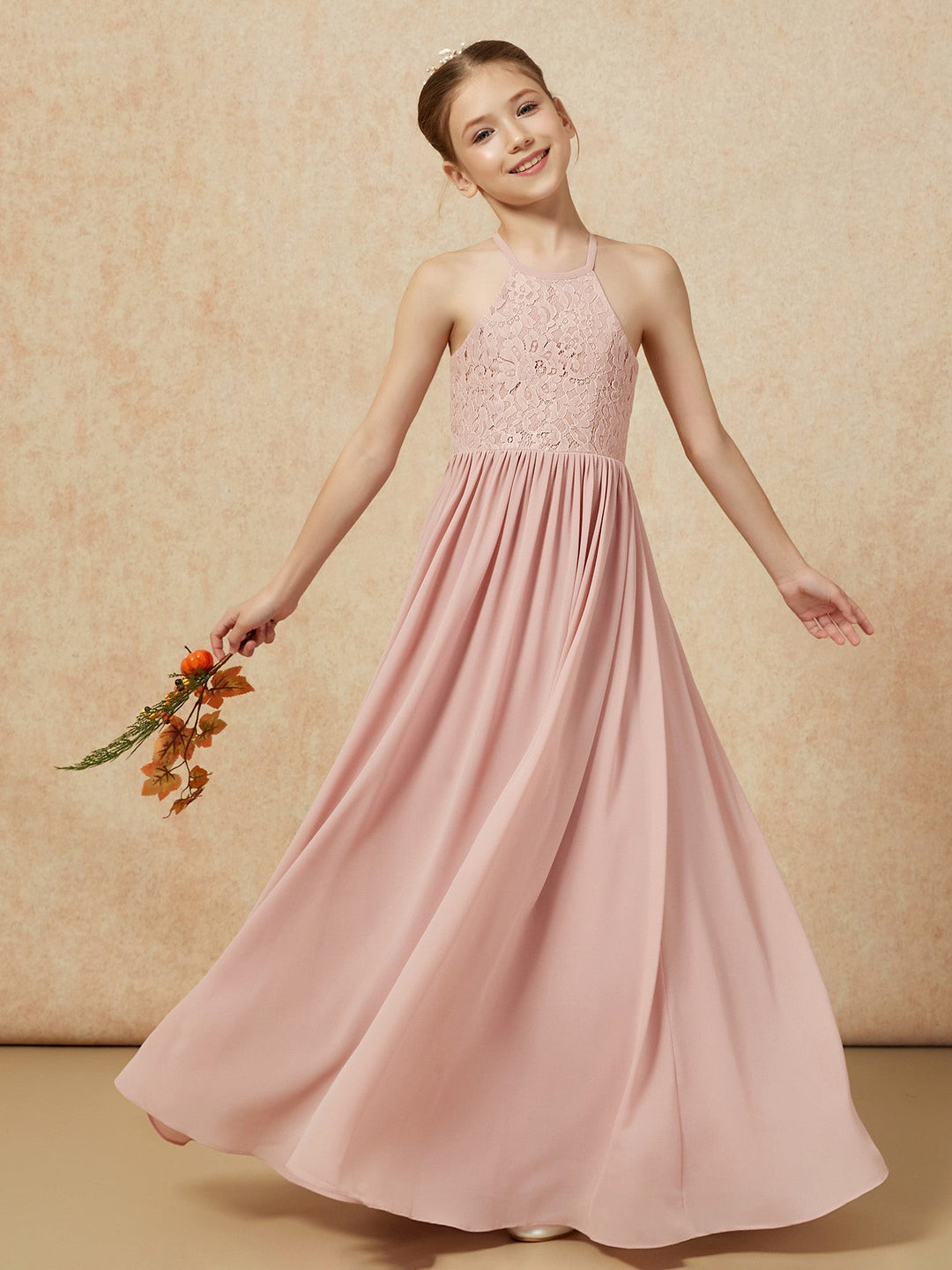 Pleated Lace Chiffion Long Junior Bridesmaid Dress Dusty Rose