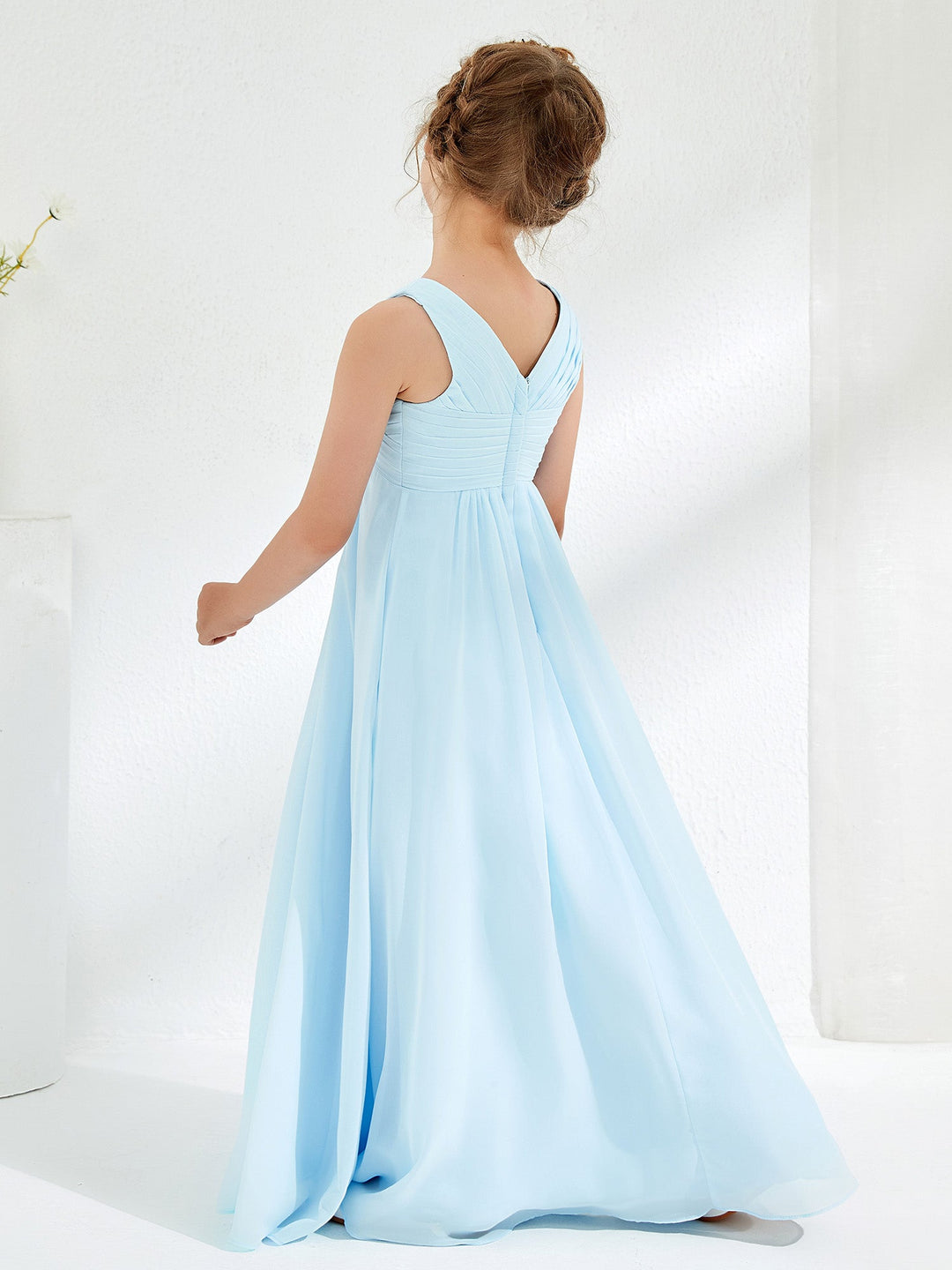 V-neck Junior Bridesmaid Dresses with Pleated Sky Blue