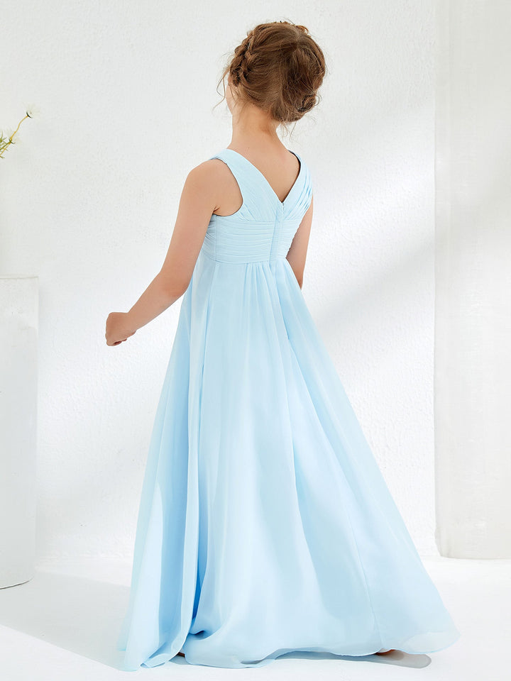 V-neck Junior Bridesmaid Dresses with Pleated Sky Blue