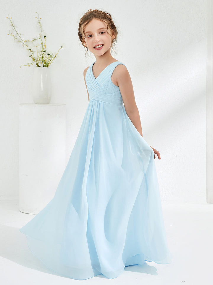 V-neck Junior Bridesmaid Dresses with Pleated Sky Blue