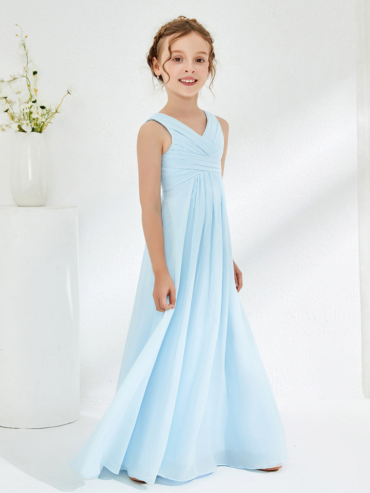 V-neck Junior Bridesmaid Dresses with Pleated Sky Blue