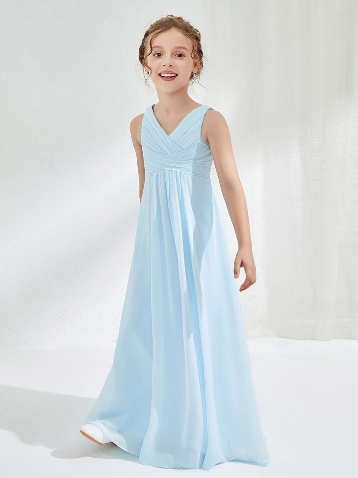 V-neck Junior Bridesmaid Dresses with Pleated Sky Blue