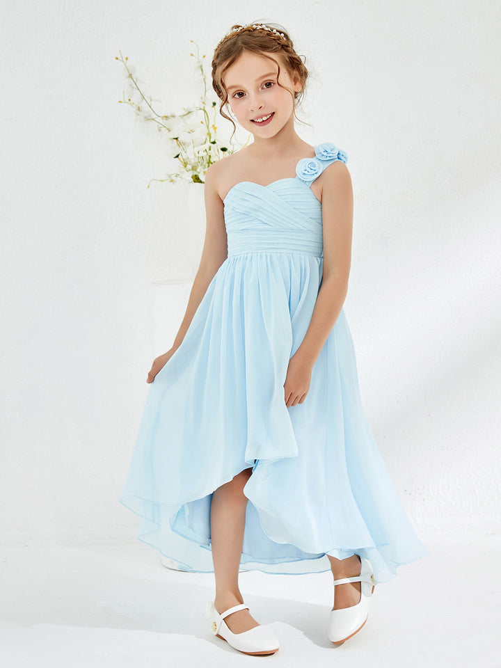 One Flower Shoulder Asymmetrical Junior Bridesmaid Dresses Sky Blue