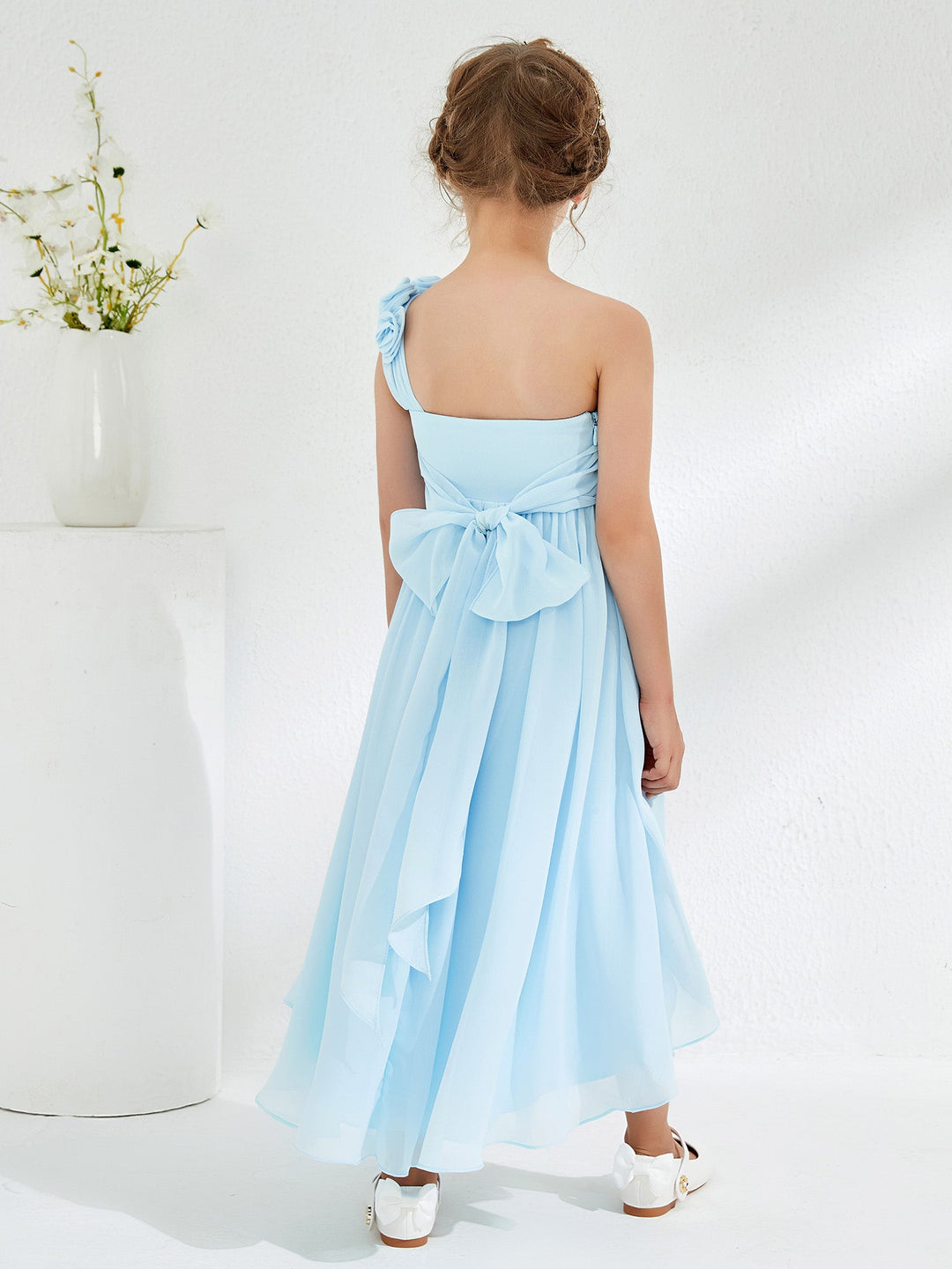 One Flower Shoulder Asymmetrical Junior Bridesmaid Dresses Sky Blue