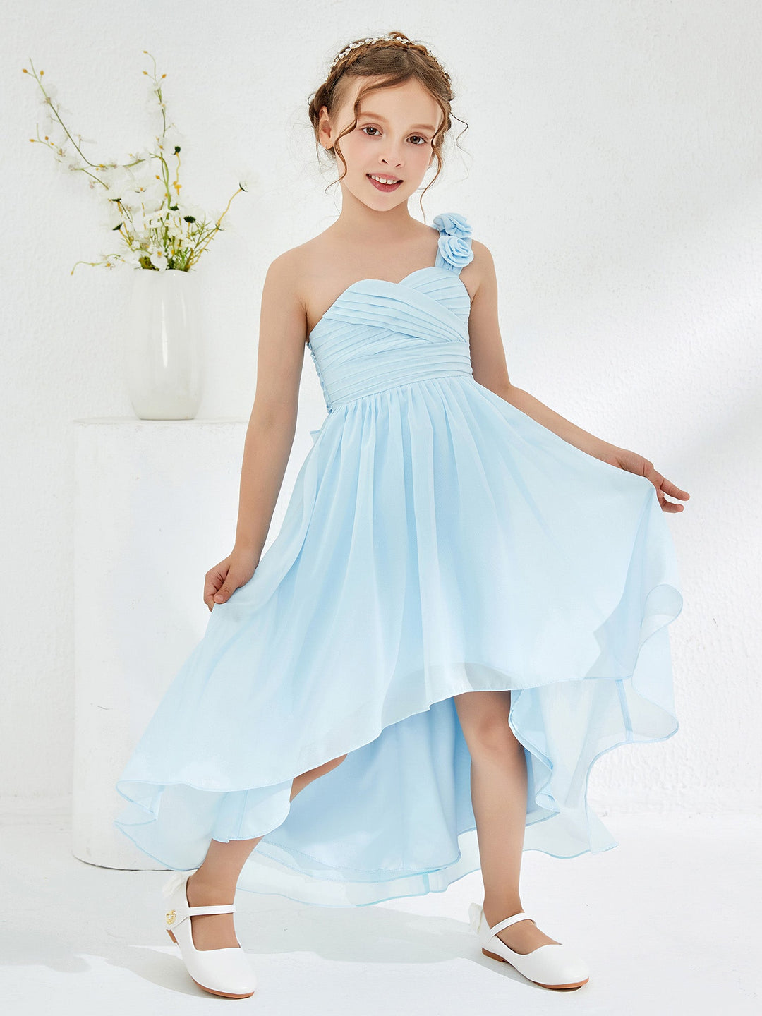One Flower Shoulder Asymmetrical Junior Bridesmaid Dresses Sky Blue