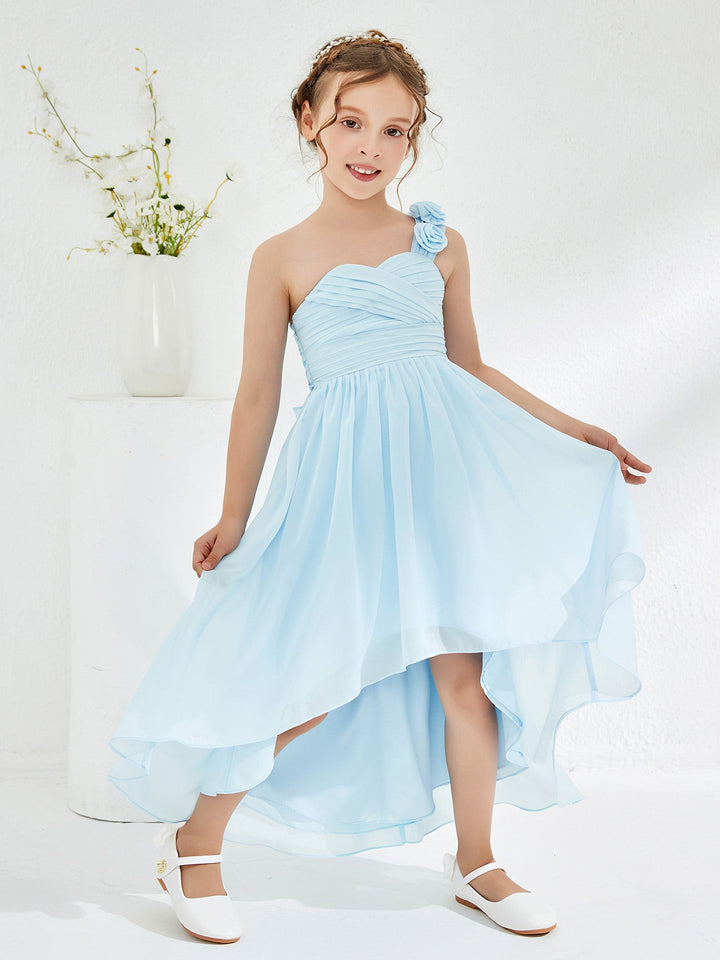 One Flower Shoulder Asymmetrical Junior Bridesmaid Dresses Sky Blue