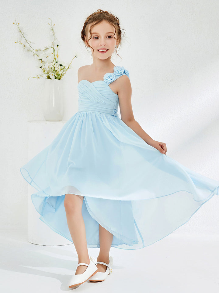 One Flower Shoulder Asymmetrical Junior Bridesmaid Dresses Sky Blue