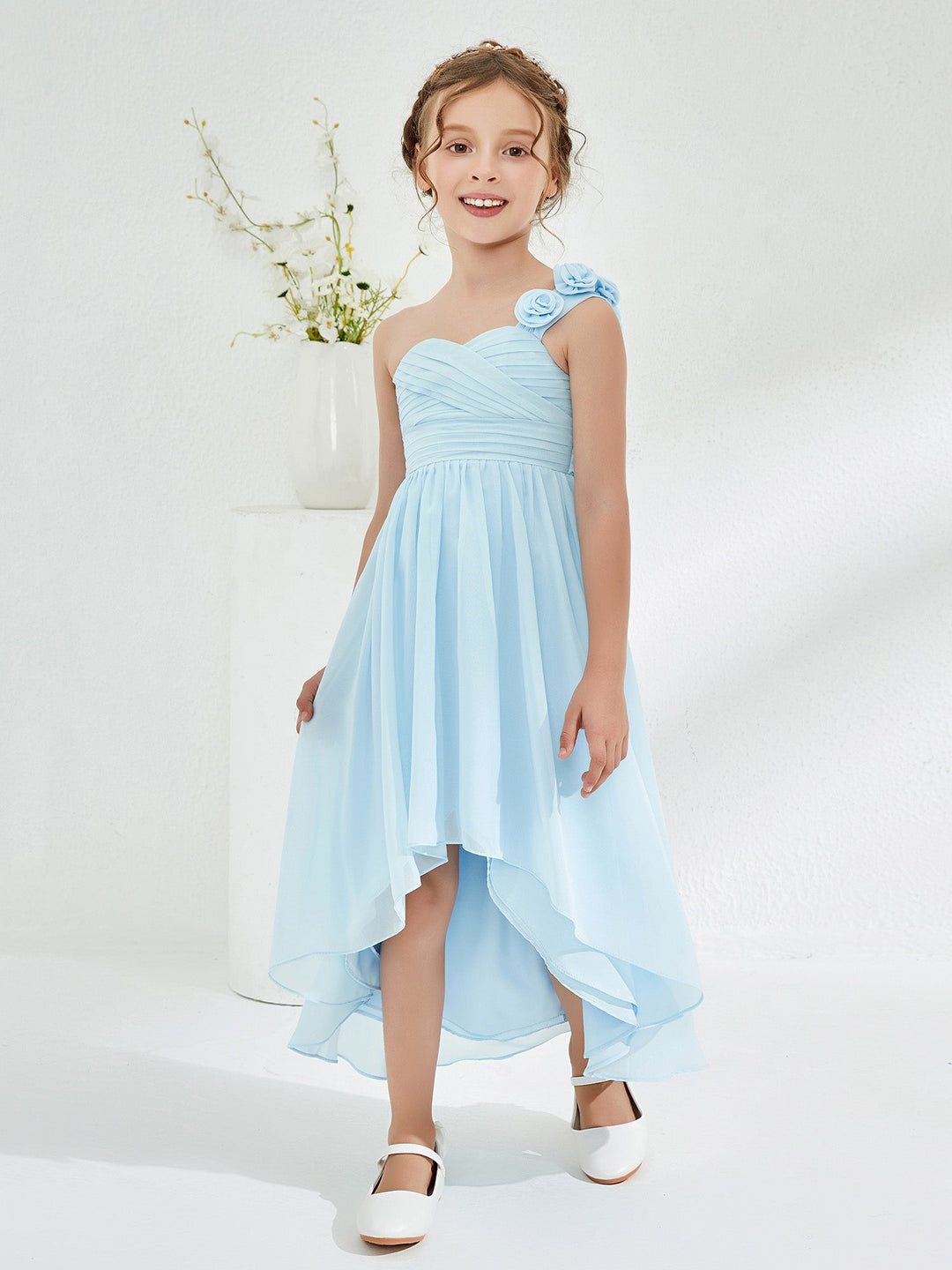 One Flower Shoulder Asymmetrical Junior Bridesmaid Dresses Sky Blue