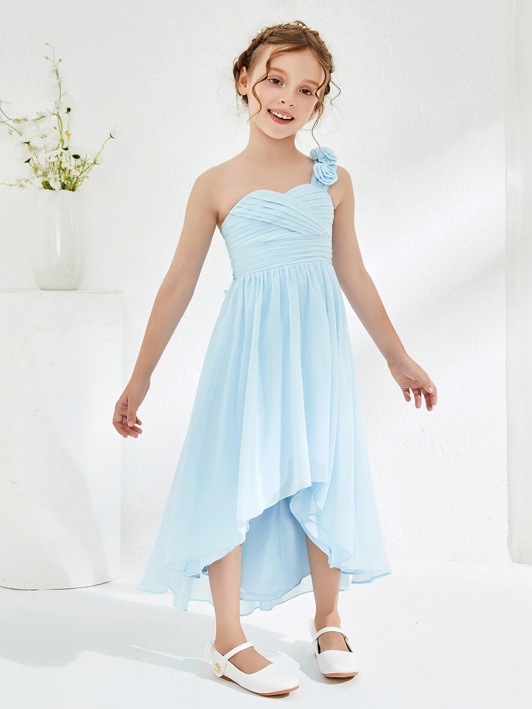 One Flower Shoulder Asymmetrical Junior Bridesmaid Dresses Sky Blue