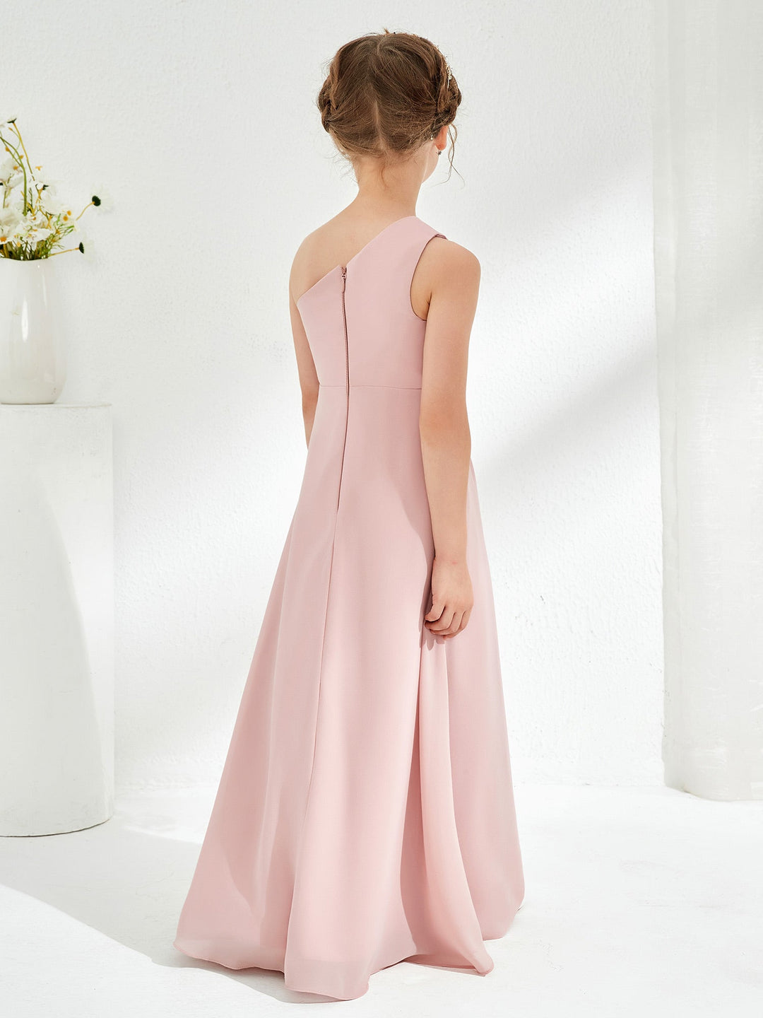 Simple One Shoulde Chiffon Junior Bridesmaid Dress Dusty Rose