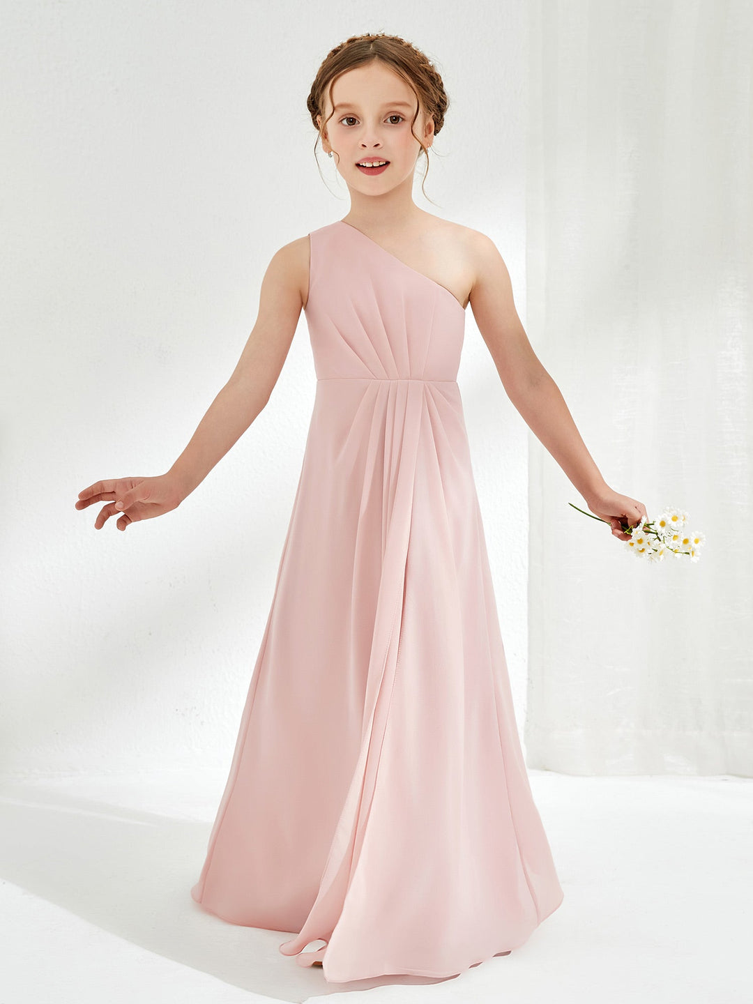 Simple One Shoulde Chiffon Junior Bridesmaid Dress Dusty Rose