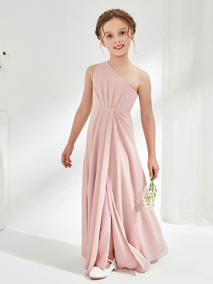 Simple One Shoulde Chiffon Junior Bridesmaid Dress Dusty Rose
