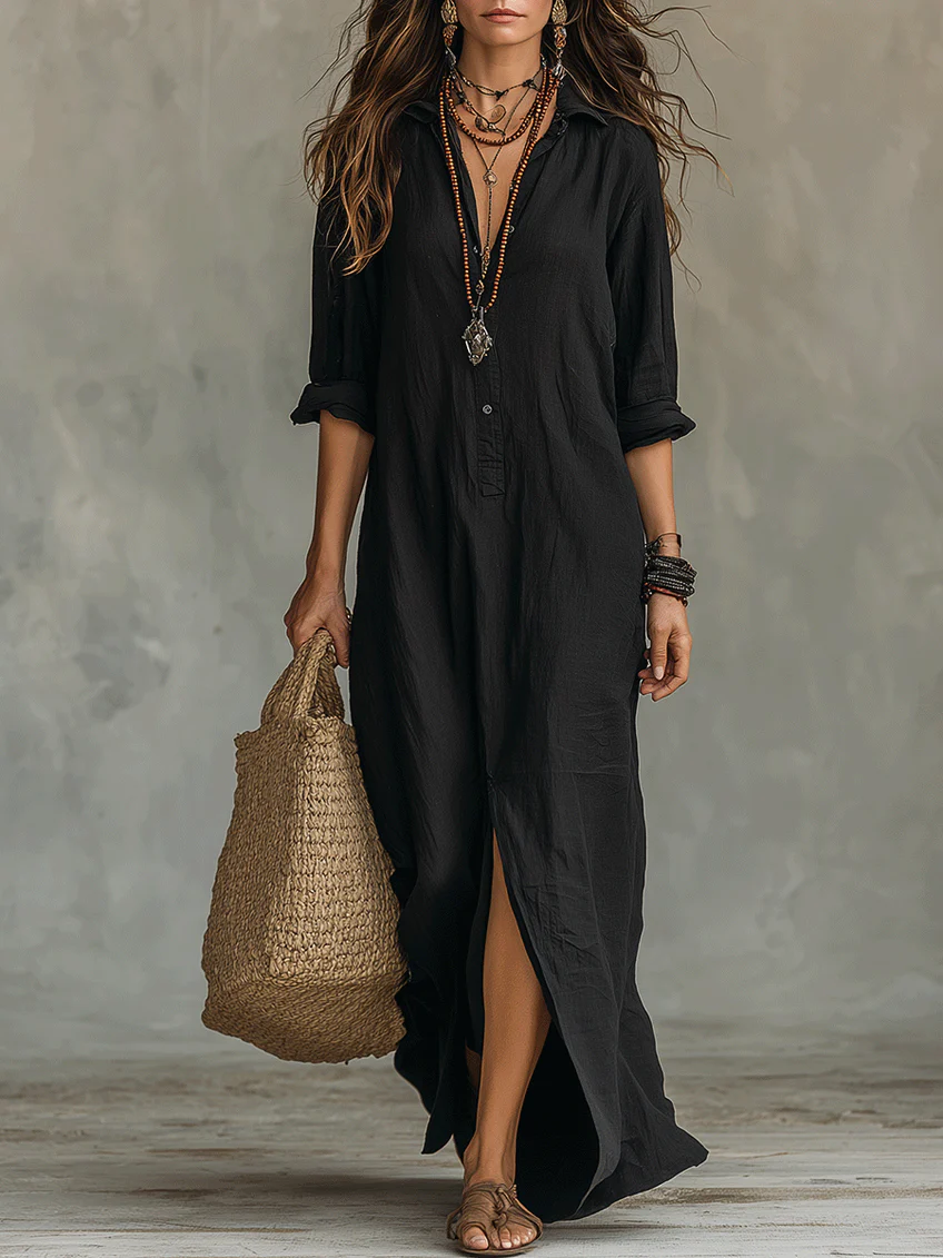 Soline™ | Loose-Fitting Black Maxi Dress