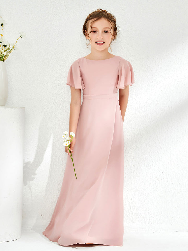 Flutter Sleeves A-line Chiffon Junior Bridesmaid Dress Dusty Rose