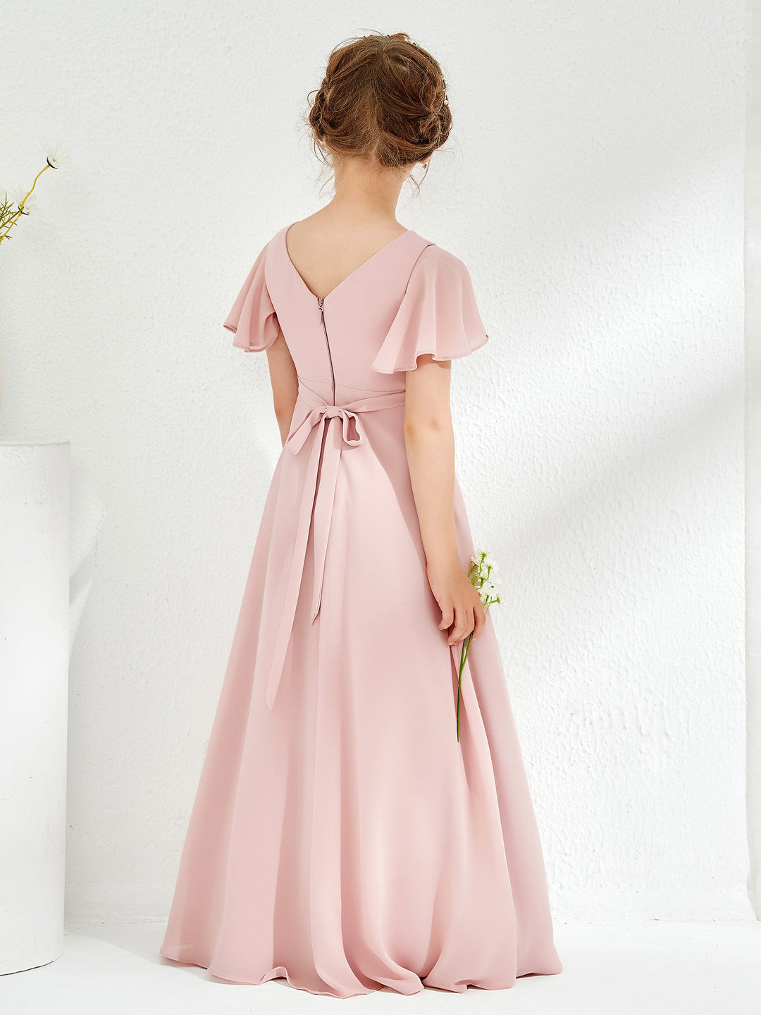 Flutter Sleeves A-line Chiffon Junior Bridesmaid Dress Dusty Rose
