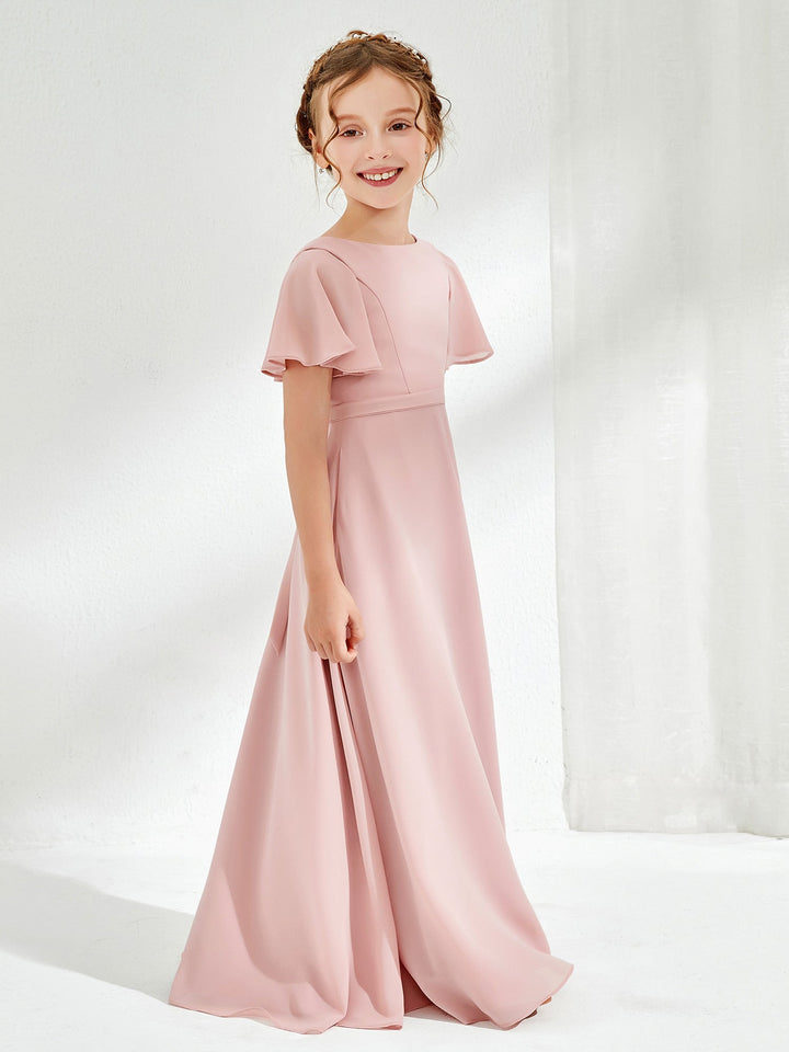 Flutter Sleeves A-line Chiffon Junior Bridesmaid Dress Dusty Rose