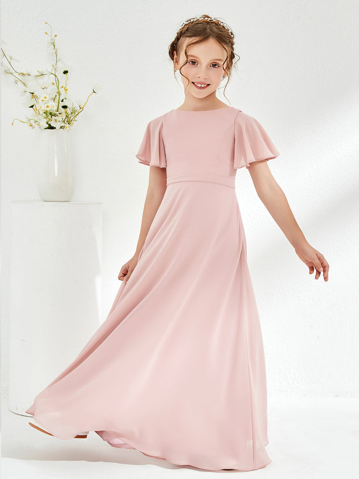 Flutter Sleeves A-line Chiffon Junior Bridesmaid Dress Dusty Rose