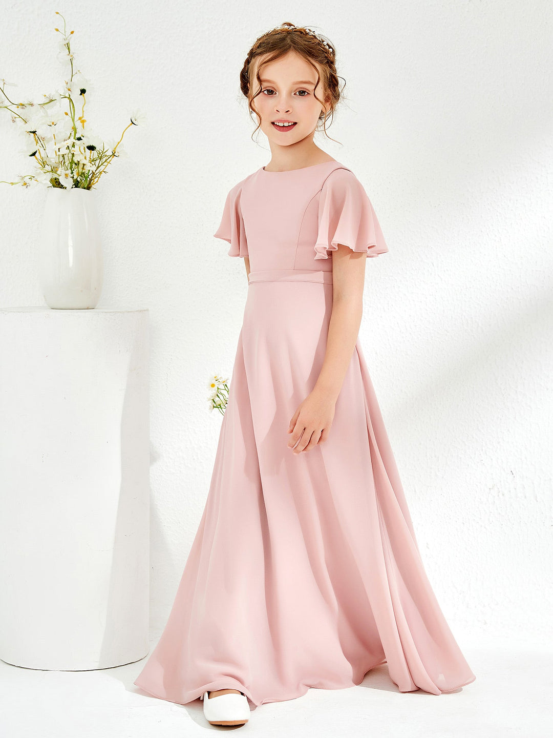 Flutter Sleeves A-line Chiffon Junior Bridesmaid Dress Dusty Rose